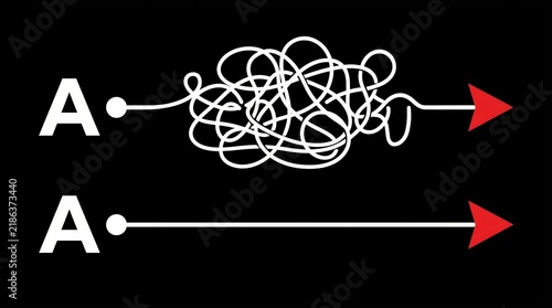 Comparison of Simple and Complex Problem Solving Processes Represented by Straight and Tangled Lines on Black Background