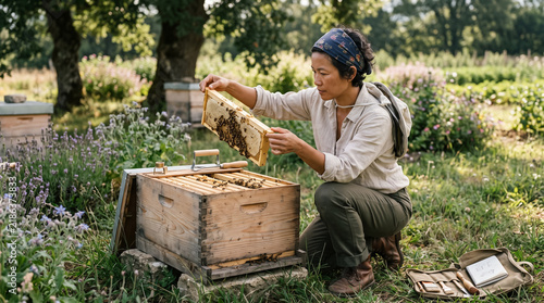 Female beekeeper inspecting honeycomb frame at apiary in summer garden. Concept of farm, specialist, hive, beekeeping, beehive, hive frame.