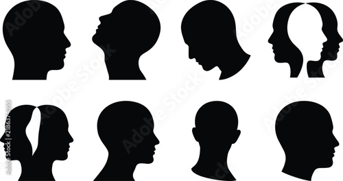 Human Head Profile Silhouette Set Representing Mental Health Psychology Thoughts and Identity Concepts
