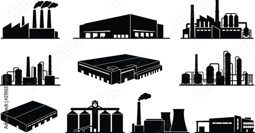 Industrial Factory and Warehouse Buildings Black Silhouette Vector Icon Set Collection