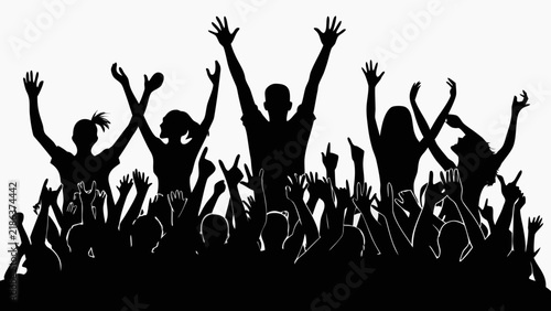 Enthusiastic  black silhouetted crowd with hands raised in celebration at an exciting concert or event. on white background