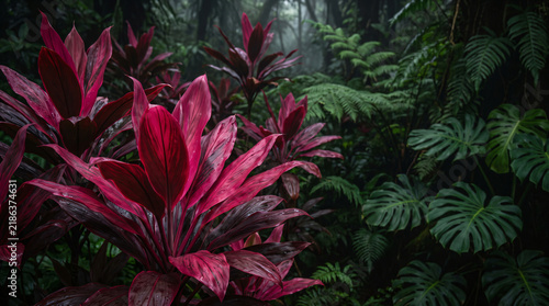 Vibrant pink tropical plant leaves in a misty jungle with lush green ferns and moody rainforest foliage