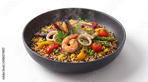 A steaming bowl of seafood paella with colorful vegetables and rice on a white background