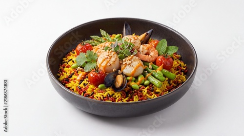 A delicious seafood paella dish in a black bowl on a white background