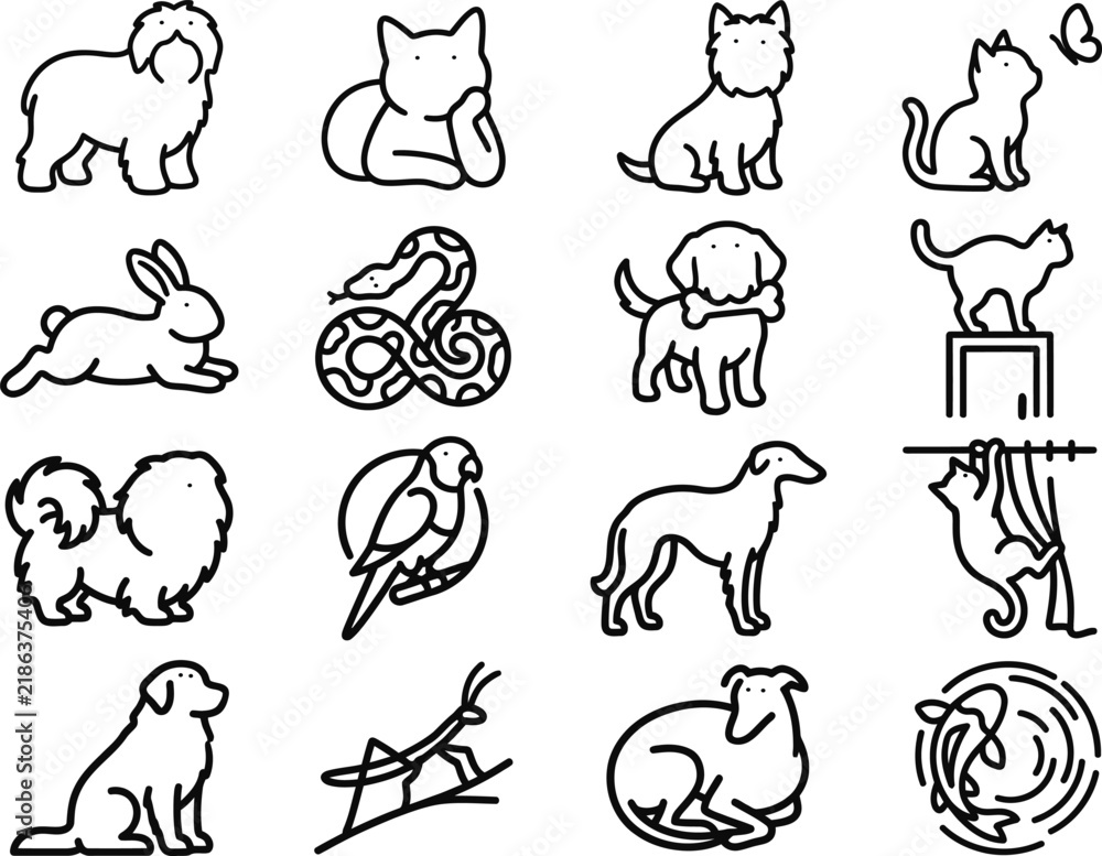 Obraz premium Collection of animal icons featuring dogs cats rabbits and birds in line style