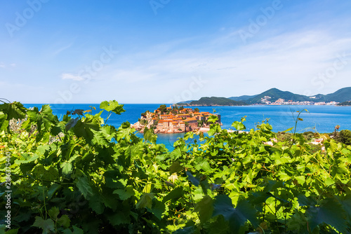 Old town on the island of Sveti Stefan is a famous landmark in Montenegro.