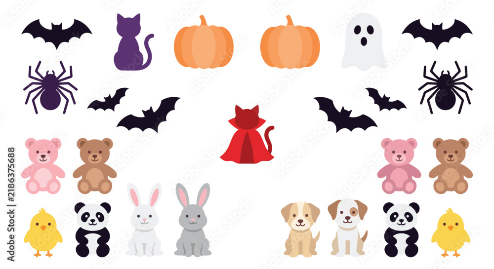 Obraz premium Halloween themed vector illustrations of animals and pumpkins on a white background