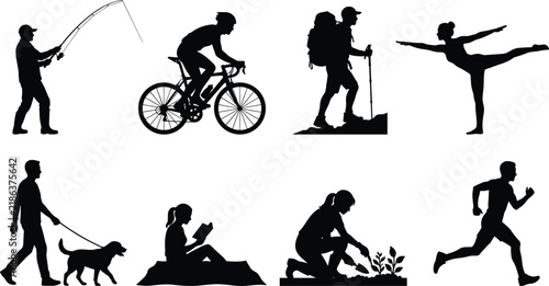 Outdoor Recreation Activities Healthy Lifestyle and Leisure People Black Silhouette Vector Icon Set Collection
