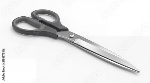 A pair of sharp scissors with black handles on a white background