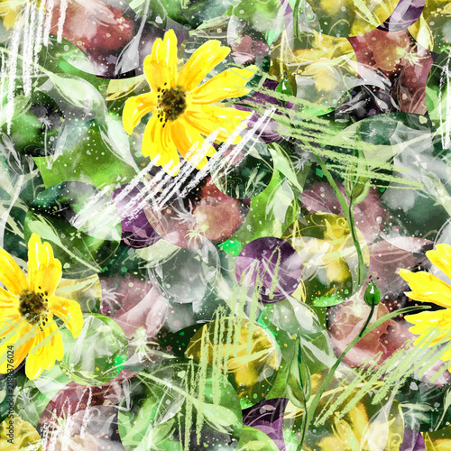 seamless watercolor pattern of plants. Herbs, flowers, chamomile, flowers watercolor. abstract splash of paint. flowers sunflower, leaves, calendula.drawing of calendula, marigolds.pastel drawing.