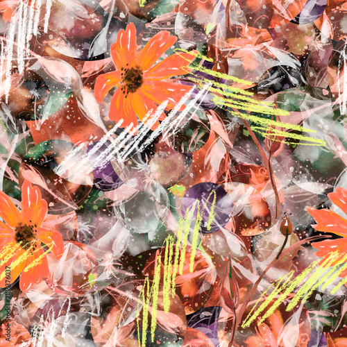 seamless watercolor pattern of plants. Herbs, flowers, chamomile, flowers watercolor. abstract splash of paint. flowers sunflower, leaves, calendula.drawing of calendula, marigolds.pastel drawing.