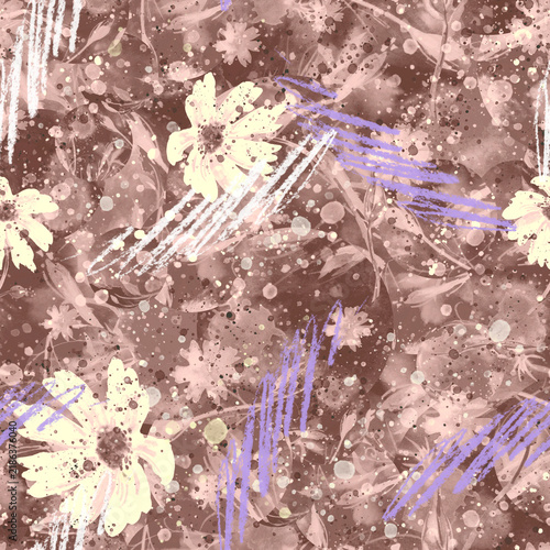 seamless watercolor pattern of plants. Herbs, flowers, chamomile, flowers watercolor. abstract splash of paint. flowers sunflower, leaves, calendula.drawing of calendula, marigolds.pastel drawing.