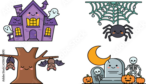 Cute Halloween Element Set with Kawaii Haunted House Friendly Spider Spooky Bats and Graveyard Skeleton Cartoon Characters Vector Illustration for Children Holiday Stickers