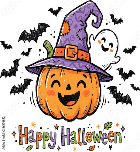 Cute Happy Halloween Graphic Template with Jack O Lantern Pumpkin Wearing Witch Hat Floating Ghost and Spooky Bats Vector Illustration for Kids Sticker Designs
