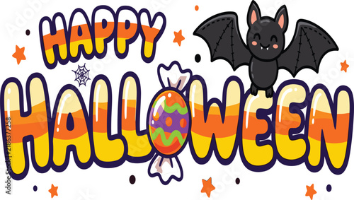 Happy Halloween Typographic Text Banner with Candy Corn Pattern Lettering Cute Flying Bat and Sweet Candy Characters Vector Illustration for Kids Holiday Designs