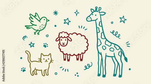 Photography Cute hand drawn line art doodles of safari and domestic animals with stars and paw prints