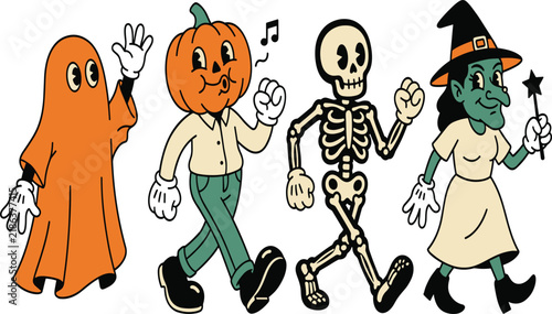 Retro Halloween Character Set with Waving Ghost Whistling Pumpkin Man Walking Skeleton and Witch in Vintage 1930s Rubber Hose Animation Style Vector Illustration