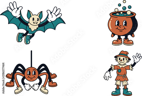 Retro Halloween Character Set with Flying Bat Bubbling Cauldron Hanging Spider and Waving Scarecrow in Vintage 1930s Rubber Hose Animation Style Vector Illustration