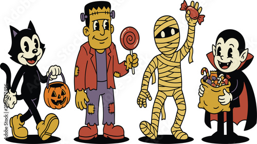 Retro Halloween Trick or Treat Character Set with Black Cat Frankenstein Mummy and Vampire in Vintage 1930s Rubber Hose Animation Style Vector Illustration