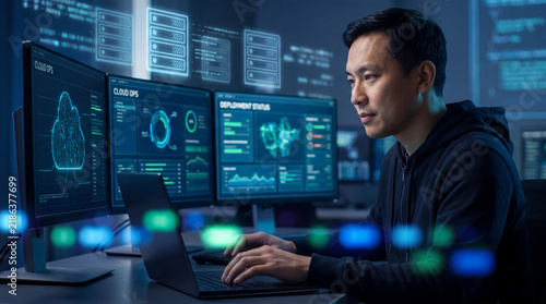 Professional engineer monitoring cloud data analysis and network server performance with focused expression in high tech office
