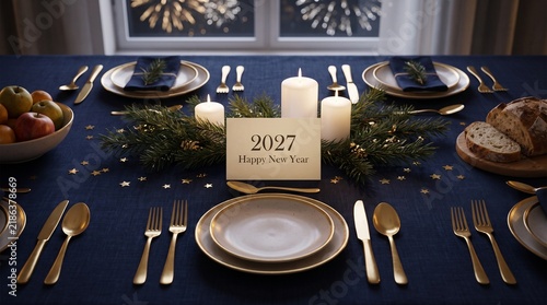 Happy New Year 2027 dinner table setting, elegant holiday banquet with gold cutlery and candles, festive celebration decor