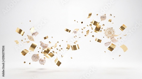 A luxurious celebration with gold confetti and ornaments floating in the air