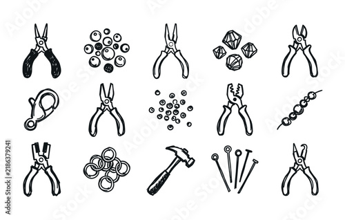 Foto Handmade jewelry crafting accessories and metalsmithing elements featuring jump