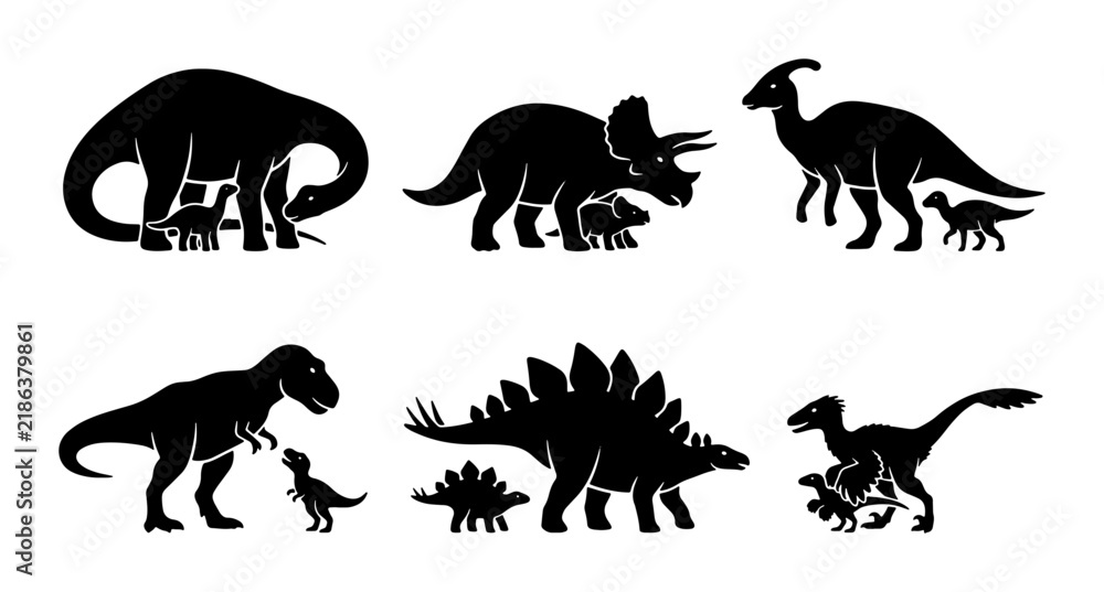 Fototapeta premium Dinosaur Family Silhouettes, Prehistoric Creatures Vector Icons, Jurassic Era Mammals, Ancient Reptile Art