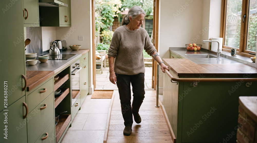 Obraz premium Senior woman walking down accessibility ramp in modern domestic kitchen holding handrail. Concept of person, limited, grip, accessible kitchen, mobility assistance, elderly care, home accessibility.