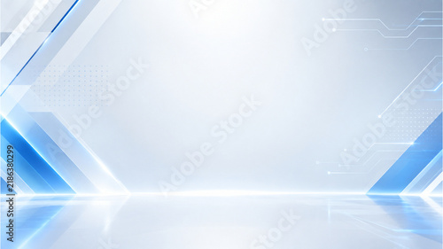 Futuristic technology background, blue abstract geometric stage, digital corporate presentation backdrop with circuit lines