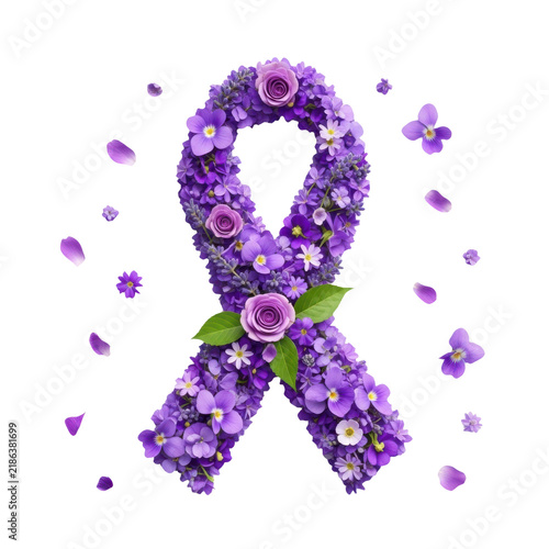 Purple awareness ribbon made of beautiful spring flowers and roses isolated on transparent background