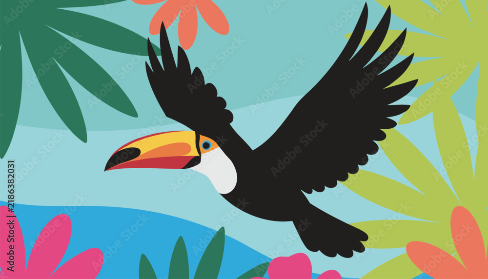 Fototapeta premium Toucan bird flying in a tropical jungle paradise with colorful leaves and plants represents exotic rainforest wildlife.