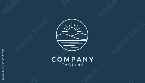 Elegant circular line logo showing sun rising over hills and lake water represents dawn, scenic beauty, and travel.