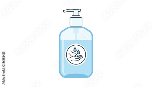 Light blue liquid hand sanitizer pump bottle with protective hygiene label showing hand washing, isolated on a white background.