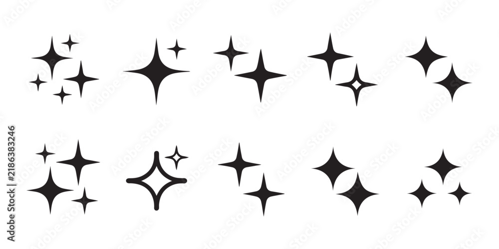 Fototapeta premium Minimalist black sparkle stars collection vector illustration isolated on standard transparent background.