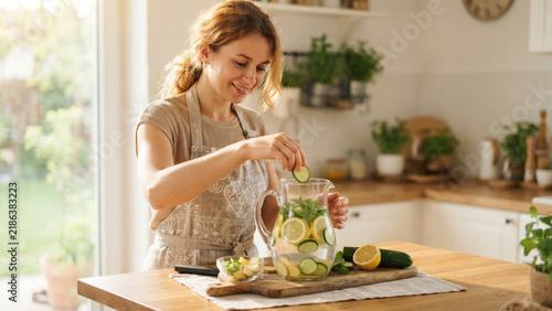 A young woman prepares detox water with lemon, cucumber, and ginger in the kitchen. Healthy eating.