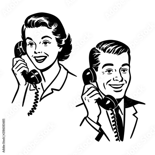 Vintage style illustration of a couple talking on the phone.