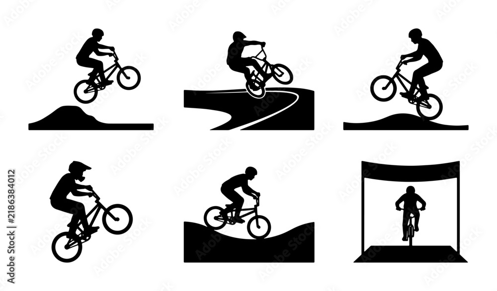 Obraz premium BMX Bike Action Silhouettes, Extreme Sports Cycling, Freestyle Bicycle Jumps, Vector Graphics Set