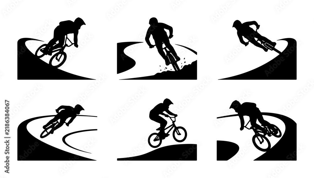 Obraz premium BMX Bike Rider Silhouettes, Extreme Sports Action, Dynamic Cycling Motion Graphics