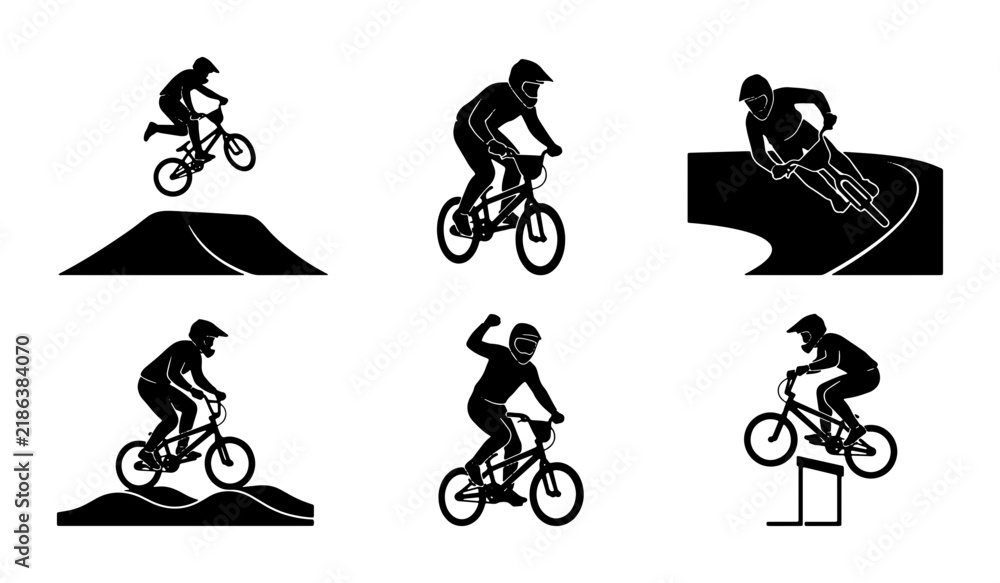 Fototapeta premium BMX Bicycle Rider Silhouettes, Extreme Sports Action, Freestyle Cycling Vector Set