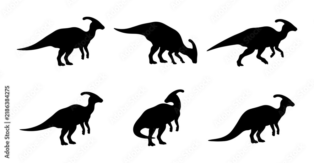 Obraz premium Parasaurolophus Dinosaur Silhouettes, Prehistoric Reptile Vector Icons, Ancient Creature Set