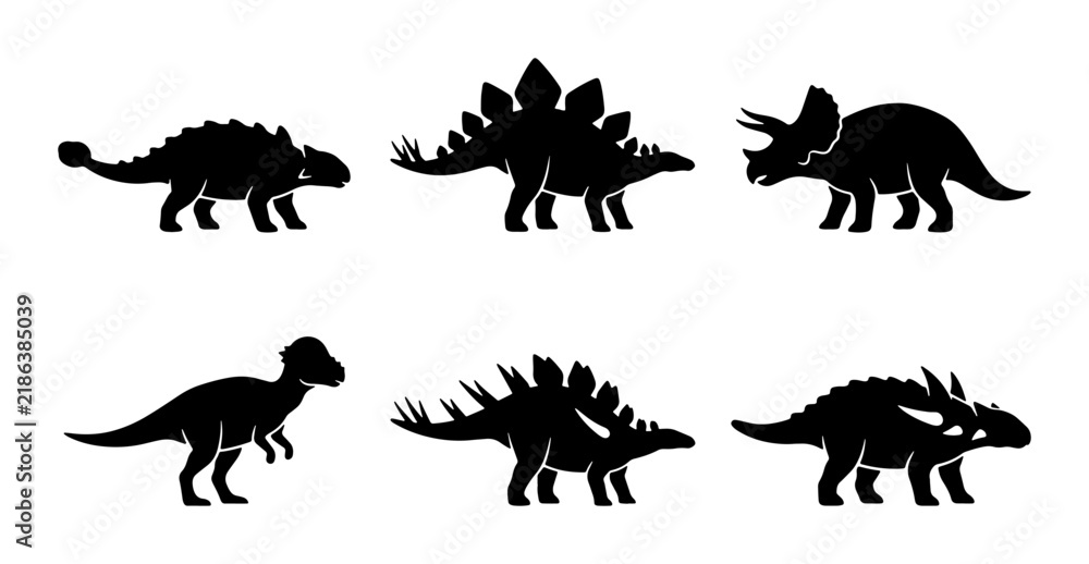 Obraz premium Dinosaur Silhouettes Vector Icons, Prehistoric Reptile Set, Jurassic Era Creatures Collection