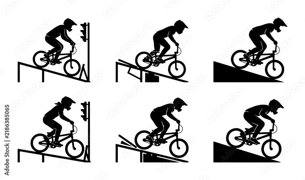 Obraz premium BMX Bicycle Stunt Silhouettes, Extreme Sports Action, Freestyle Cycling Performance, Vector Set