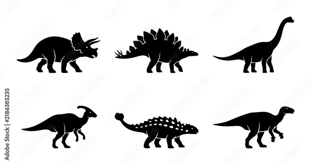Obraz premium Dinosaur Silhouettes Collection, Prehistoric Creatures Vector Icons Set, Jurassic Era Animal Graphics