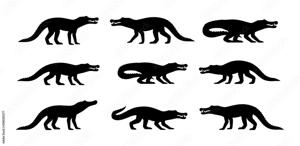 Obraz premium Alligator Silhouette Collection, Reptile Animal Icons, Wildlife Vector Graphics, Black and White