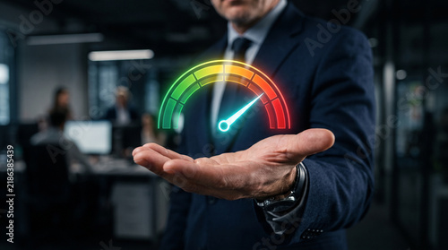 Business person holding a digital speedometer gauge in hand to show performance and speed concept