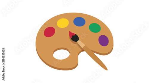 Artist s palette with paint dabs and brush flat vector illustration