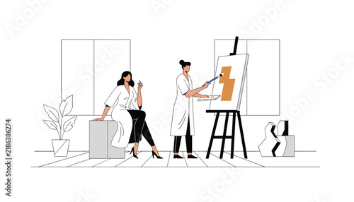 Creative studio scene with an artist painting on an easel while a female model poses on a block in a minimalist contemporary environment.