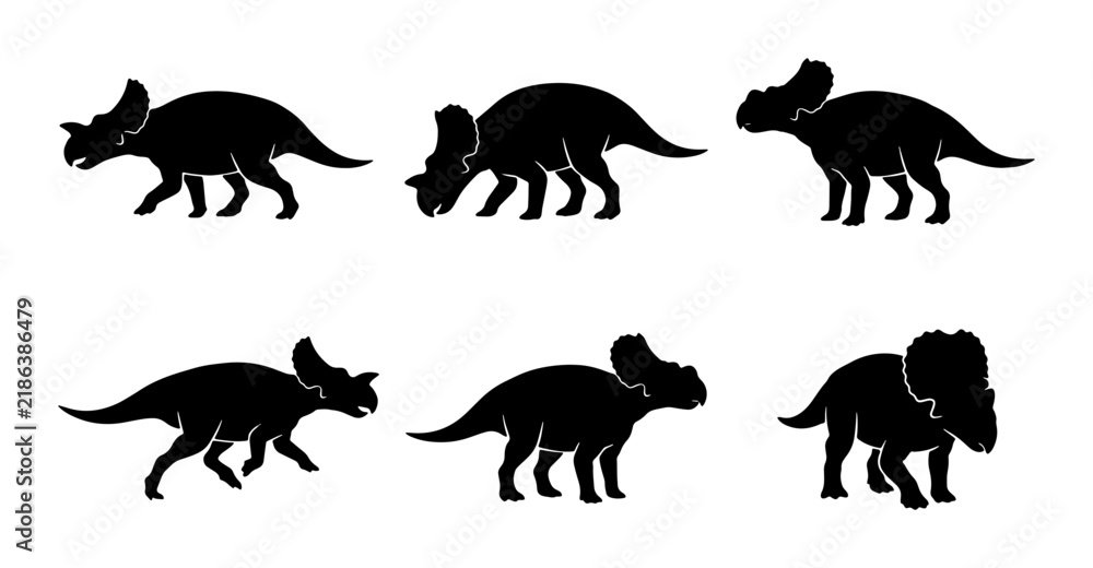 Obraz premium Dinosaur Silhouettes, Triceratops Vector Icons Set, Prehistoric Animal Graphics