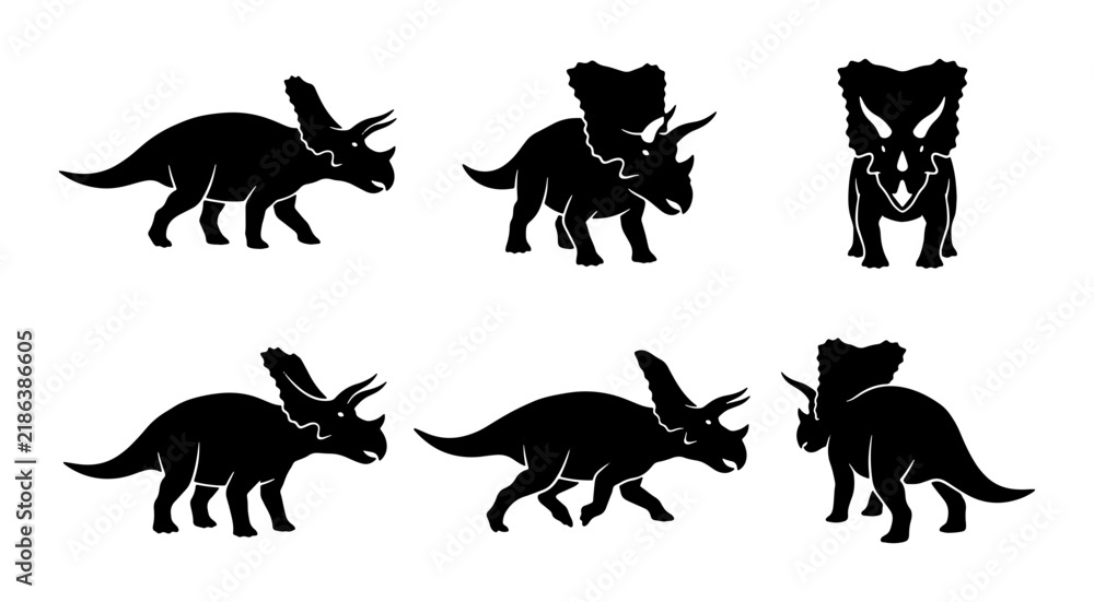 Obraz premium Triceratops Dinosaur Silhouettes, Prehistoric Reptile Vector Icons, Ancient Creature Graphics